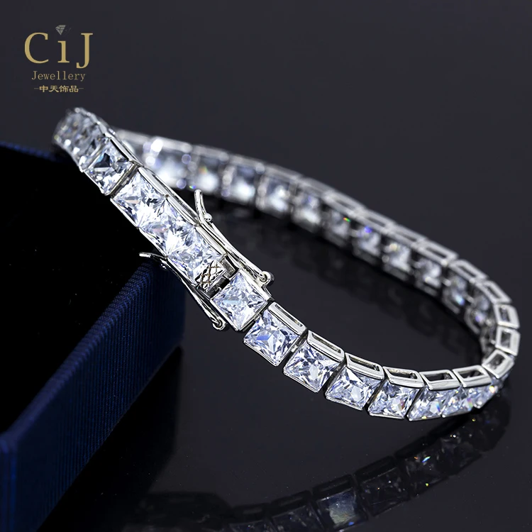 CIJ Custom Princess cut Luxury Jewelry hiphop Cubic Zircon iced out clustered tennis Silver 925 jewelry bracelet