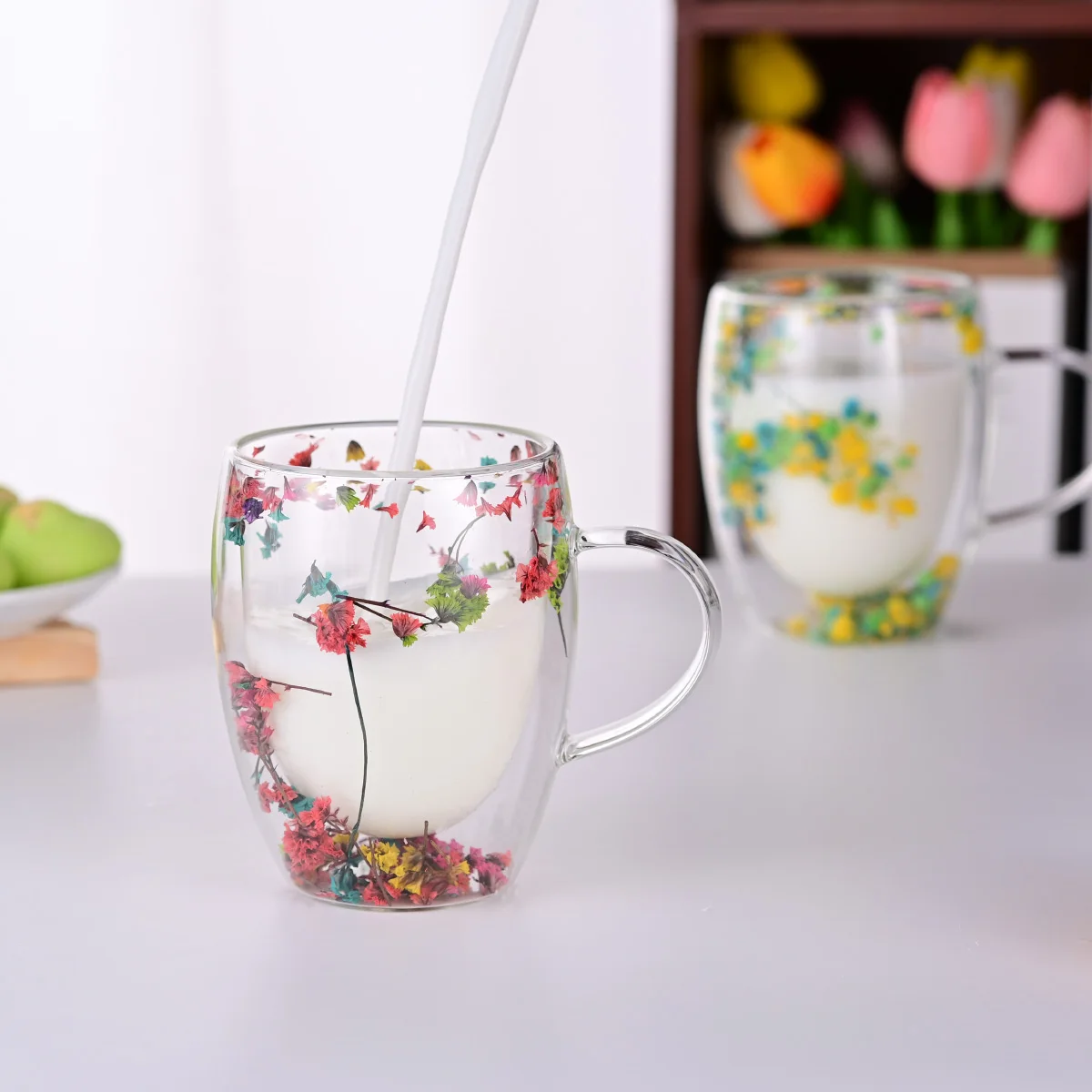 New Design Dry Flowers Inside 250ml 350ml Double Wall Glass Coffee Cup ...