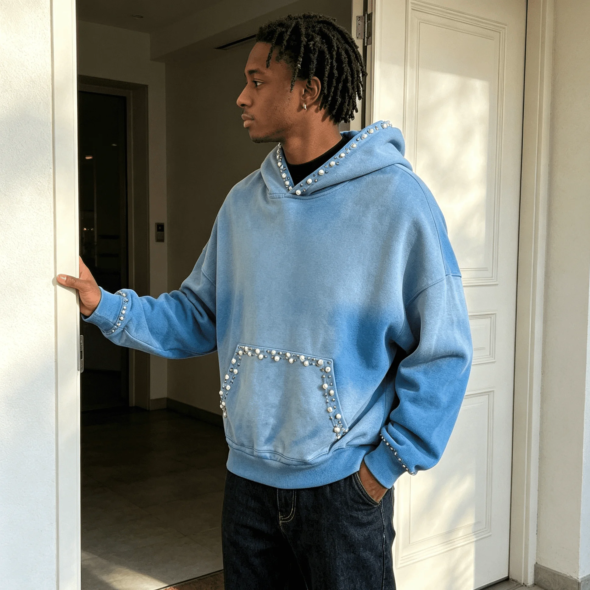 Custom Vintage Acid Washed Rhinestone Gems Decoration Hoodies for Men Fashion Streetwear Oversized Pullover Hoodies gallery 2