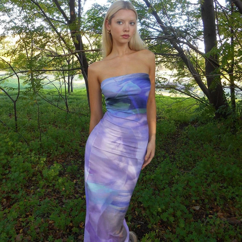 Lygens 628 Tie Dye Print Sleeveless Elegant Midi Bodycon Women's ...