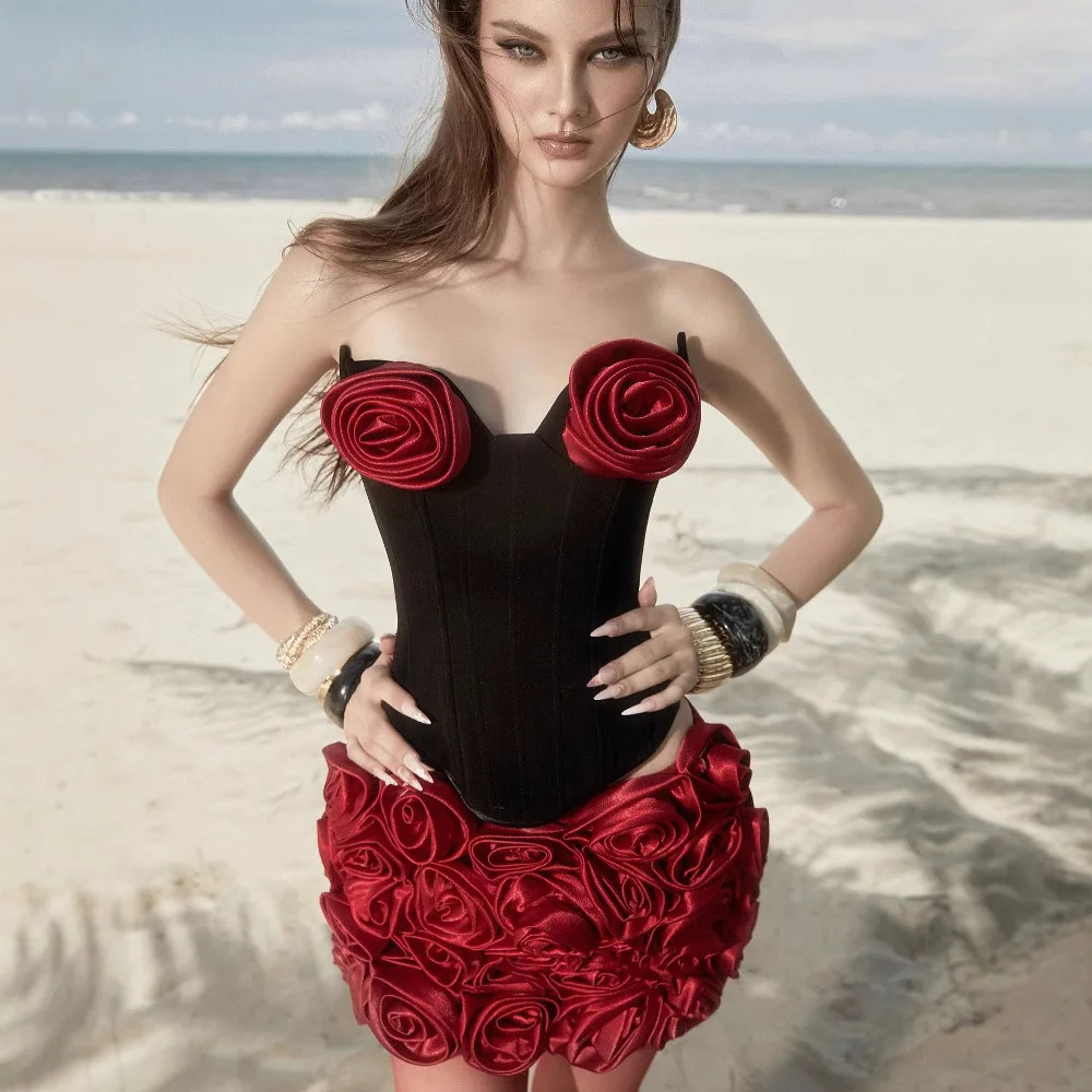 European American Style Floral Dress Set Cross-Border A-Line Chiffon  Strapless Knee-Length Tight Hot Party Performance
