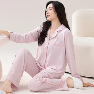 Women Comfortable 100%Cotton Sleepwear Spring Autumn Long Sleeve Pocketed Home Clothing Lady Soft Lapel Collar Pajamas