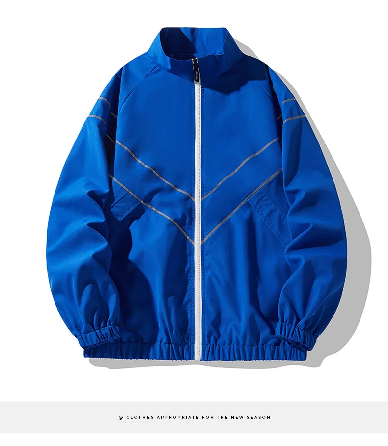 Reflective strips, unisex casual stand-up collar, 100% polyester windproof jacket, solid color, everyday wear.