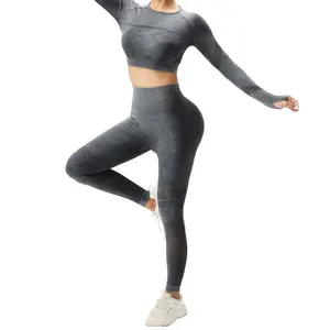High Quality Seamless Women Athletic Wash Acid Fitness Long Sleeves Hollow Sexy Slim Leggings Breathable High Elastic Yoga Set