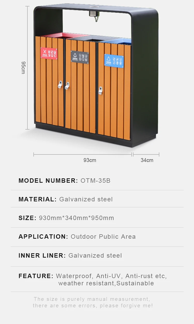 Galvanized Steel Outdoor Bins With 3 Compartment Garden Dust Bin
