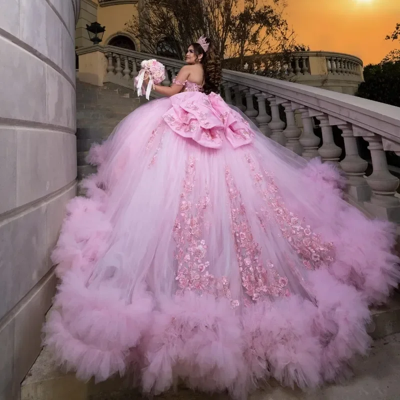 Ball Gown off Shoulder Applique Lace Beads Tiered Sweet 16 Dress