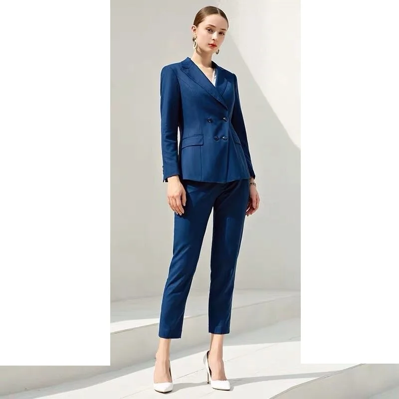 Women's Beige Blazer Suit+Wide Leg Pants,Double Breasted Blazer Coat,H