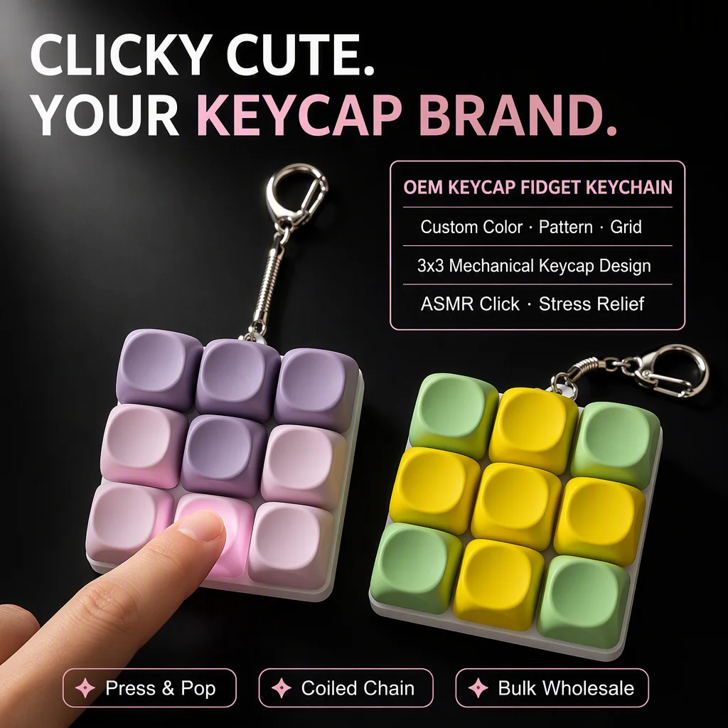 Cheie decorativă mecanică personalizată, jucărie anti-stres, cu sistem de apăsare în grilă 3x3, efect sonor ASMR, pentru birou sau pentru reducerea stresului, breloc pentru geantă, OEM, logo, culoare și design personalizate
