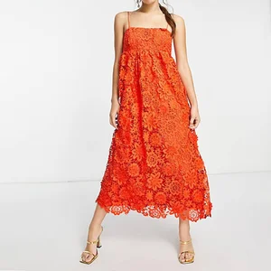 Custom Women's Sleeveless Fixed Straps Floral Eyelet Lace Loose Summer Casual Midi Cami Dress