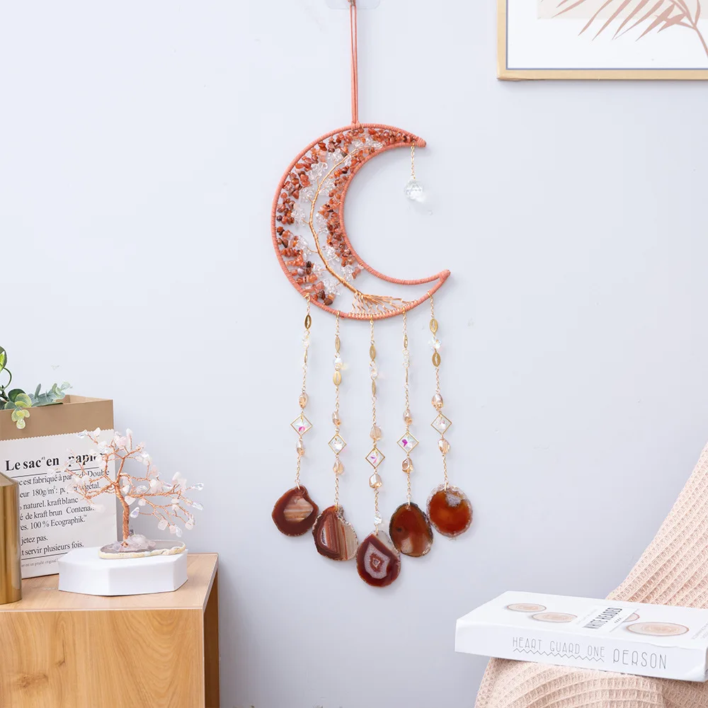 Natural Gemstone Agate Chakra Handmade Tree Of Life Moon Wind Chimes ...