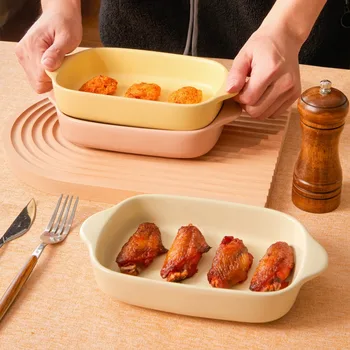 Ceramic Rectangular Oven Plate Binaural Baking Cheese Baked Rice Air Fryer New Condition Baking Bowl Pan for Household Use