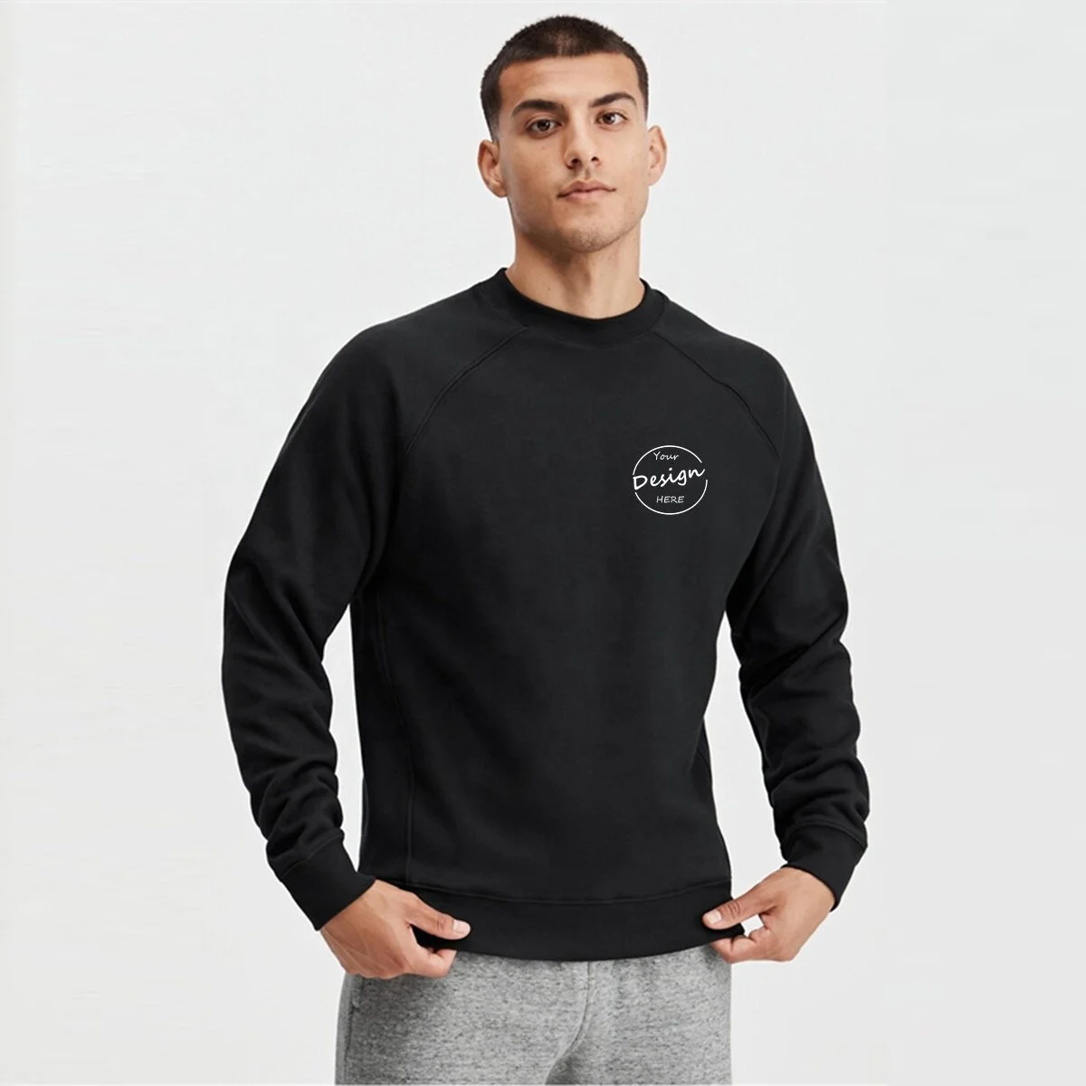 Sportswear Training Thick Fleece Casual Golf Screen Print Solid Bulk Gym Black Raglan Sweatshirt for Men