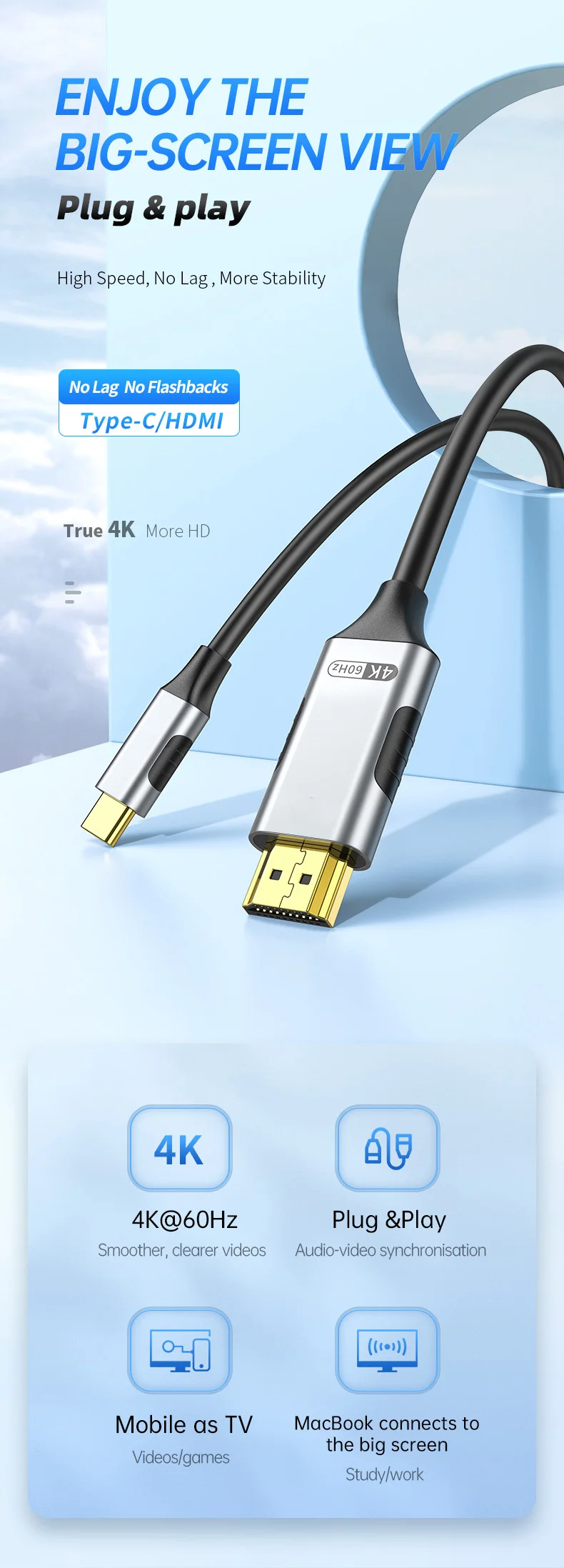 Jasoz Hochwertiges HD 4K 60Hz USB C HDMI-Adapter kabel von Stecker zu Stecker für HDTV Typ C zu HDMI-Kabel