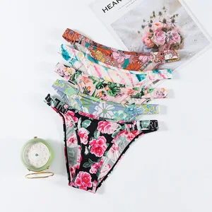 Women's Panties Thong Floral Print Sexy Secret Rhinestone G-string Lingerie Brief Panty Women Ice Silk Seamless Underwear 0678