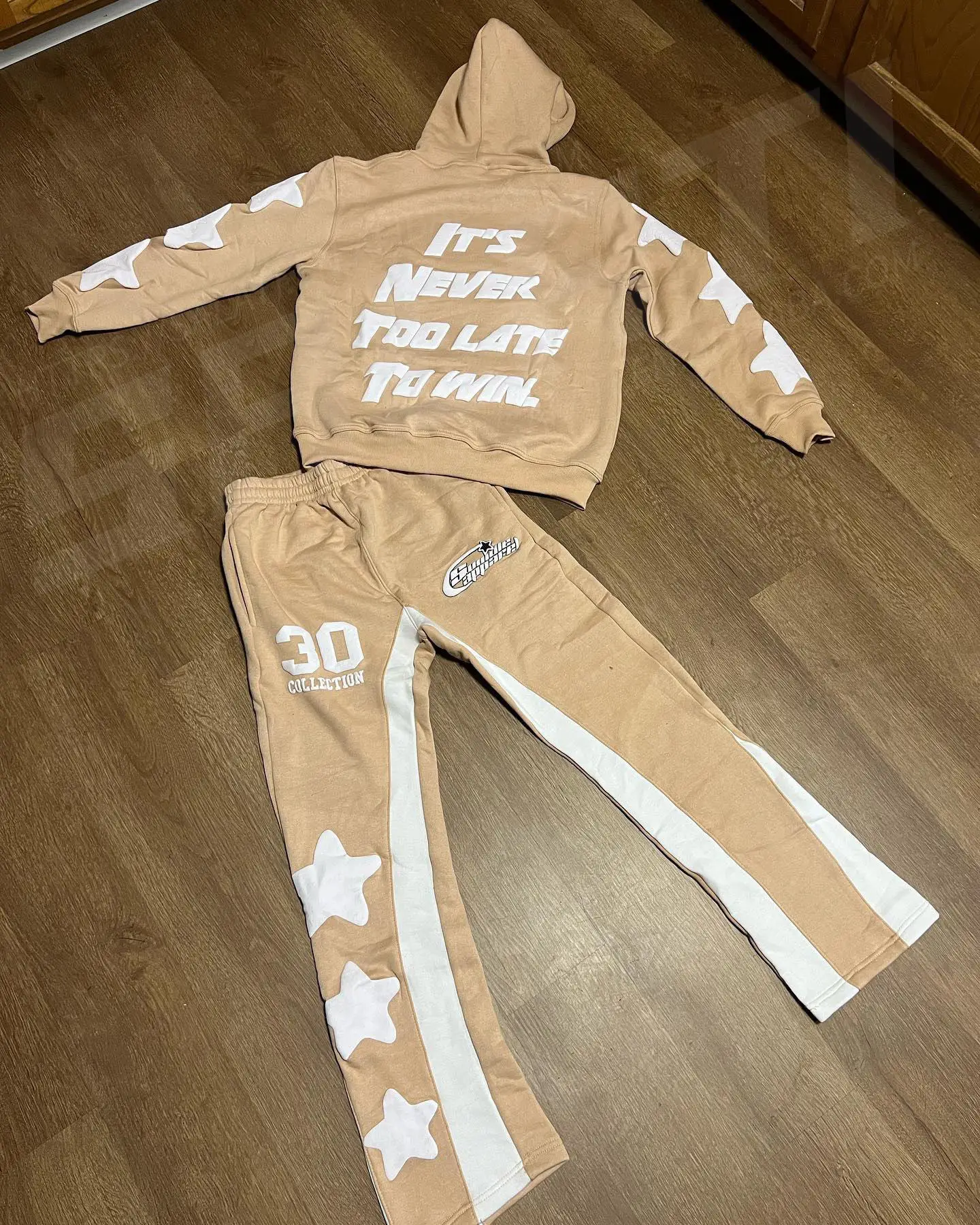 Custom Cotton Raw Hem Hoodies And Flared Stacked Sweatpants Two Piece