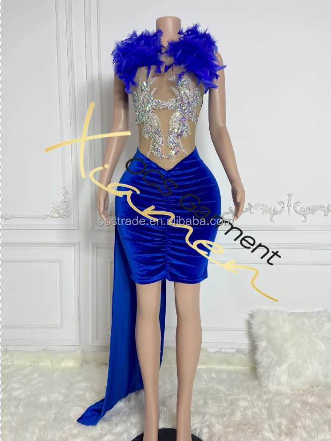 Ocstrade Velvet Long Hem Royal Blue Feather Rhinestone Dress