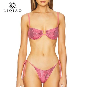 Sexy Women's Sequined Bikini Set Solid Color Beach Swimsuit High Waist Swimsuit with Sequined Shoulder