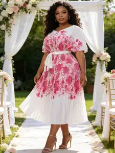 Plus Size Pink Floral Pleated Midi Dress for Women - Button Front Short Sleeve Belted Wedding Guest Cocktail Party Dress