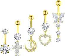 5Pcs/Set Gold Silver Cross Heart Star Butterfly Dangle Navel Belly Rings for women14G Surgical Steel Belly Button Piercing Rings