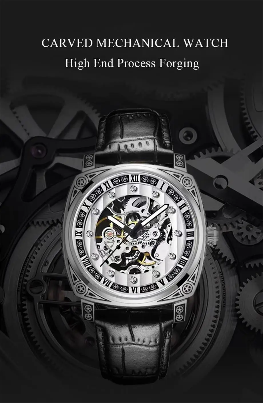 TEVISE Fully Automatic Mechanical Watch Hollow Out Leather Strap Large Dial Luxury Leather Watch for Men Watch