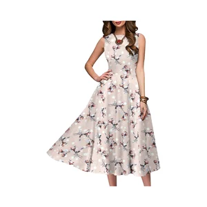 Women's Vintage Floral Chiffon Dress Sleeveless O-Neck Floor-Length Party Cocktail Natural Waist Front Logo Summer Washable