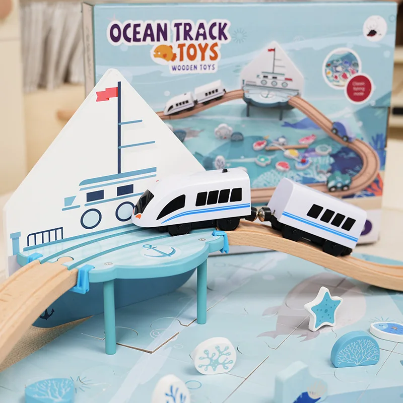 Pädagogisches Kinderspielzeug zum Selbermachen Elektrischer Zug Zusammenbau Eisenbahnstrecke Ozean-Angelspielstrecke Holzeisenbahnset Steckspielzeug für Kinder