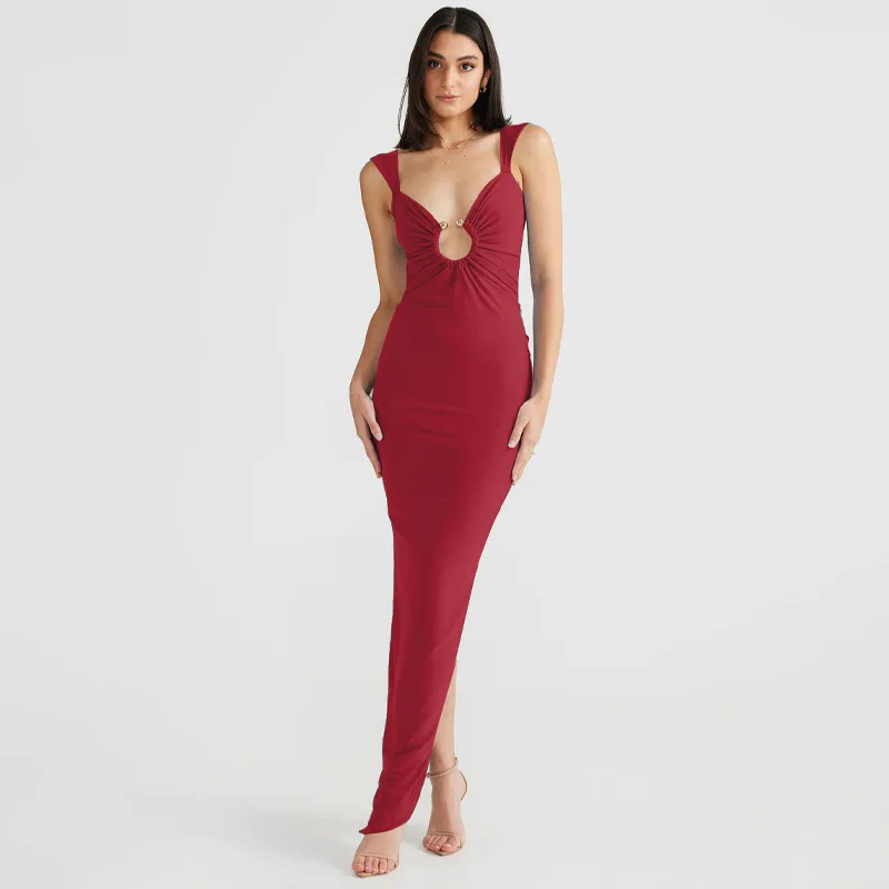 Elegant Solid Straps Sleeveless Backless Metal Loop Draped Slit Maxi Dress  Summer Women Clothes Evening Party Vacation