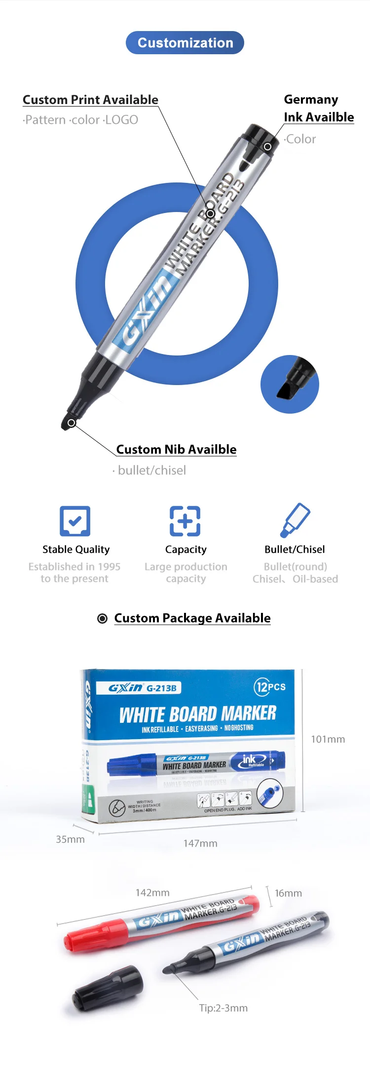 Gxin G213 Wholesale And Customized Dry Eraser Marker Easily Erasable