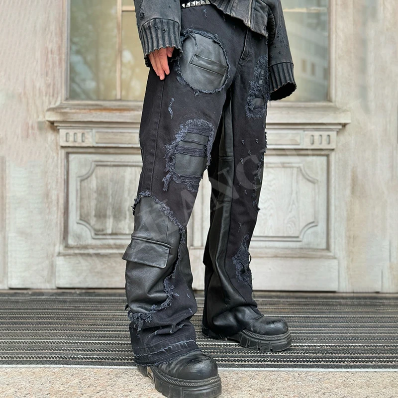YSJY Manufacturer Custom Wax Leather Patchwork Cargo Denim
