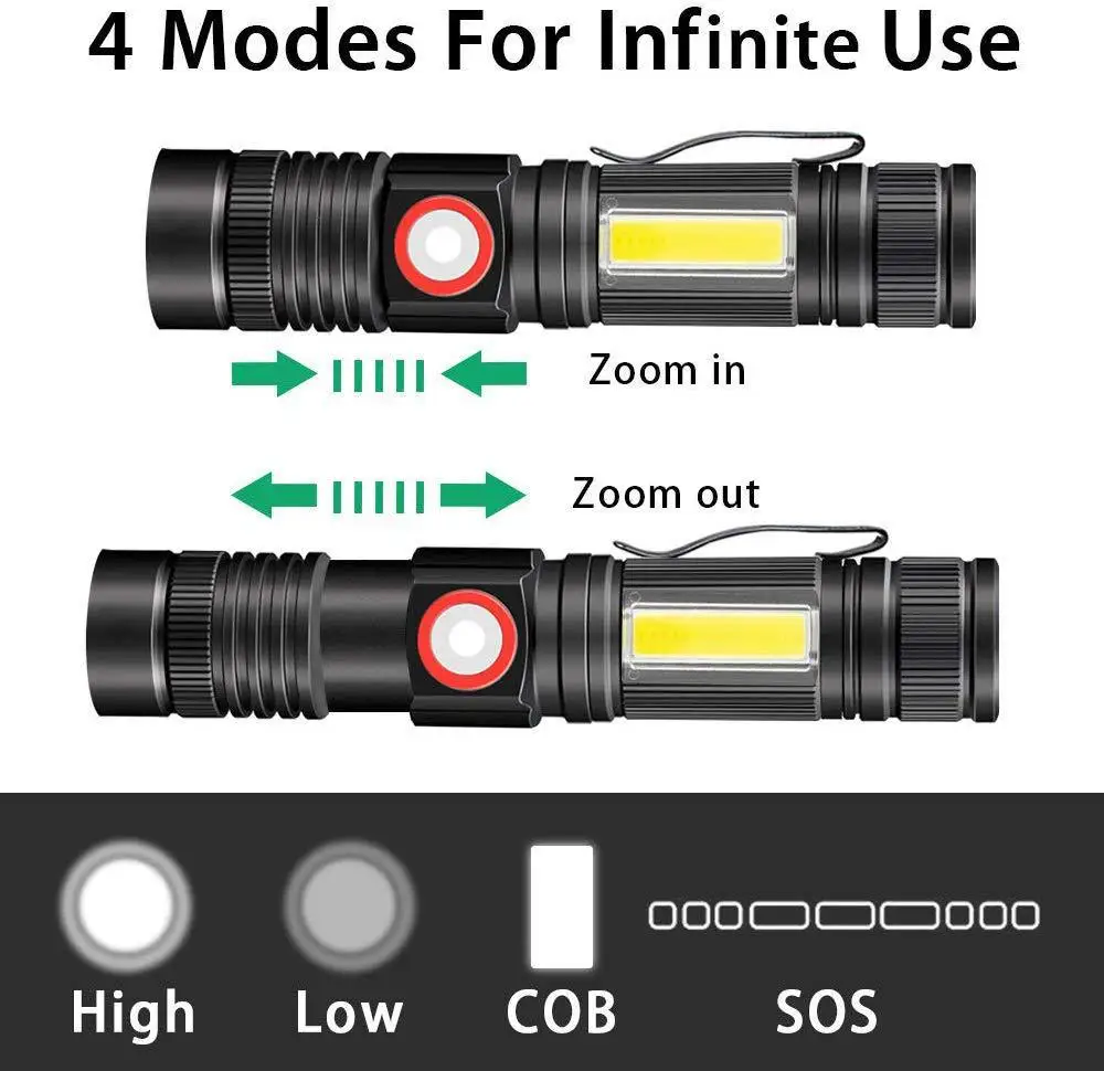 Powerful Waterproof Zoomable Rechargeable Mini LED Emergency Tactical Magnetic T6 Flashlight with Cob Sidelight Torch Flashlight factory