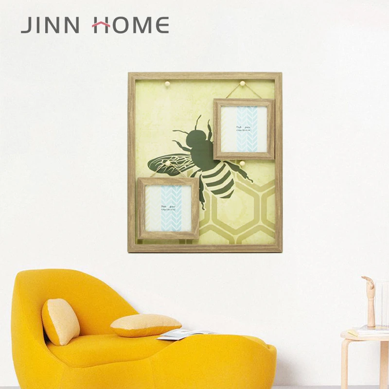 Rustic Brown Picture Collage Photo Frame with Bee Background Hanging Photo Frame With Wood Clips for 4x4 Small Photo Display