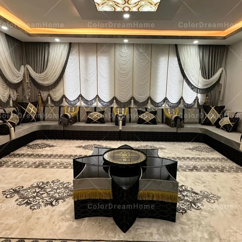 High-End Customized Arab Luxury Furniture Set Handmade Arabian Majlis Living Villa Modular Tufted Wood Middle Eastern Style