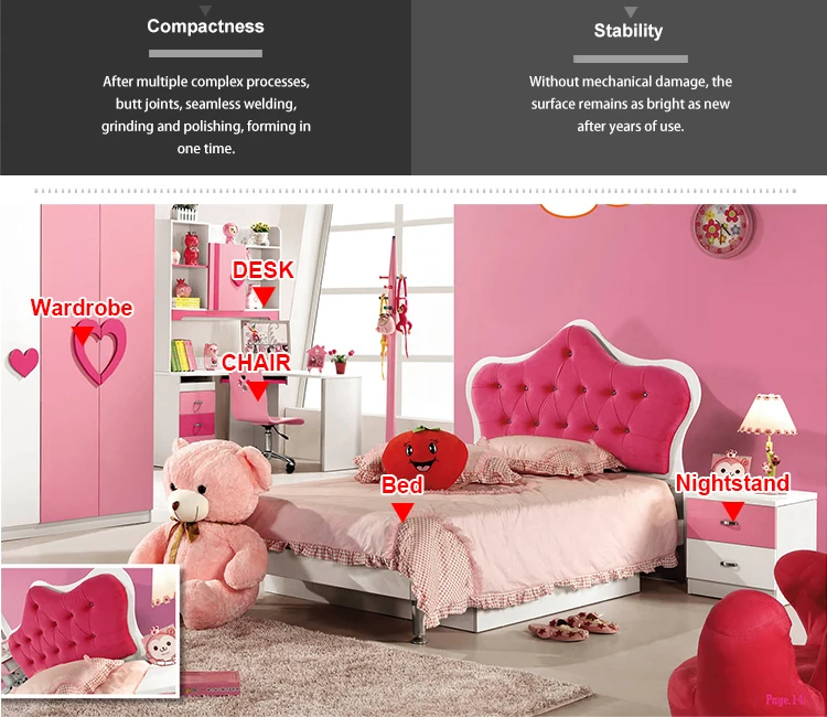 Princess Mdf Pink Colour Children Furniture Bedroom Set Babies And Kids Sets Wholesale Cheap