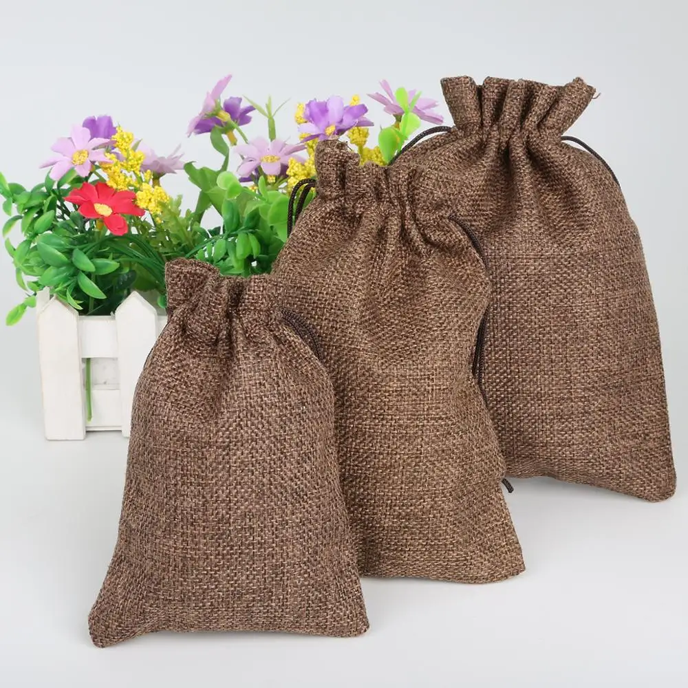 Custom Logo Linen Gift Bags Packing Jewelry Drawstring Pouch Linen Gift Storage Pouches Dust Bag