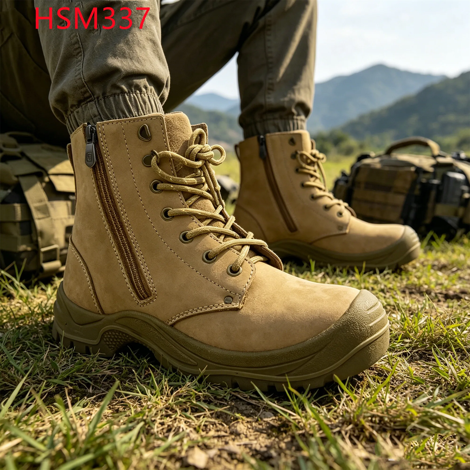 LXG, Sepatu Marching Berbahan Nubuck Kulit Hutan dengan Sol PU/PU Injeksi, Desain Ritsleting Samping, Sepatu Tempur Keamanan Cepat Pakai Berwarna Madu HSM337