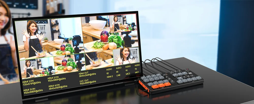 4K Wireless Audio Transmitter 4-Channel Video Switcher for HD VGA Outputs Live Streaming Camera