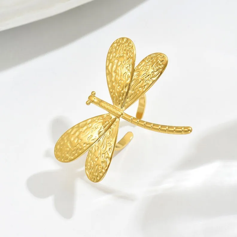 New Simple Personalized Fine Jewelry Accessories Rings Lady's Geometric Dragonfly Design 18k Gold Ring Opening Ring