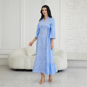 Clothing Manufacturer New Women's Long-sleeved Jacquard V-neck Sash Waist Slimming Muslim Women Dress