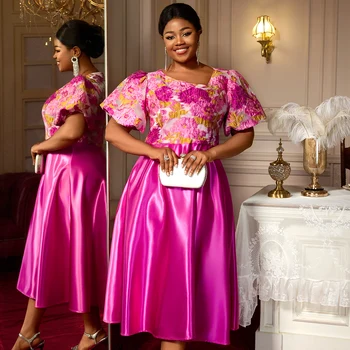 AM050448 Elegant Skew Collar Short Puff Sleeve Rose a Line Midi Jacquard Formal Party Plus Size Dress Women