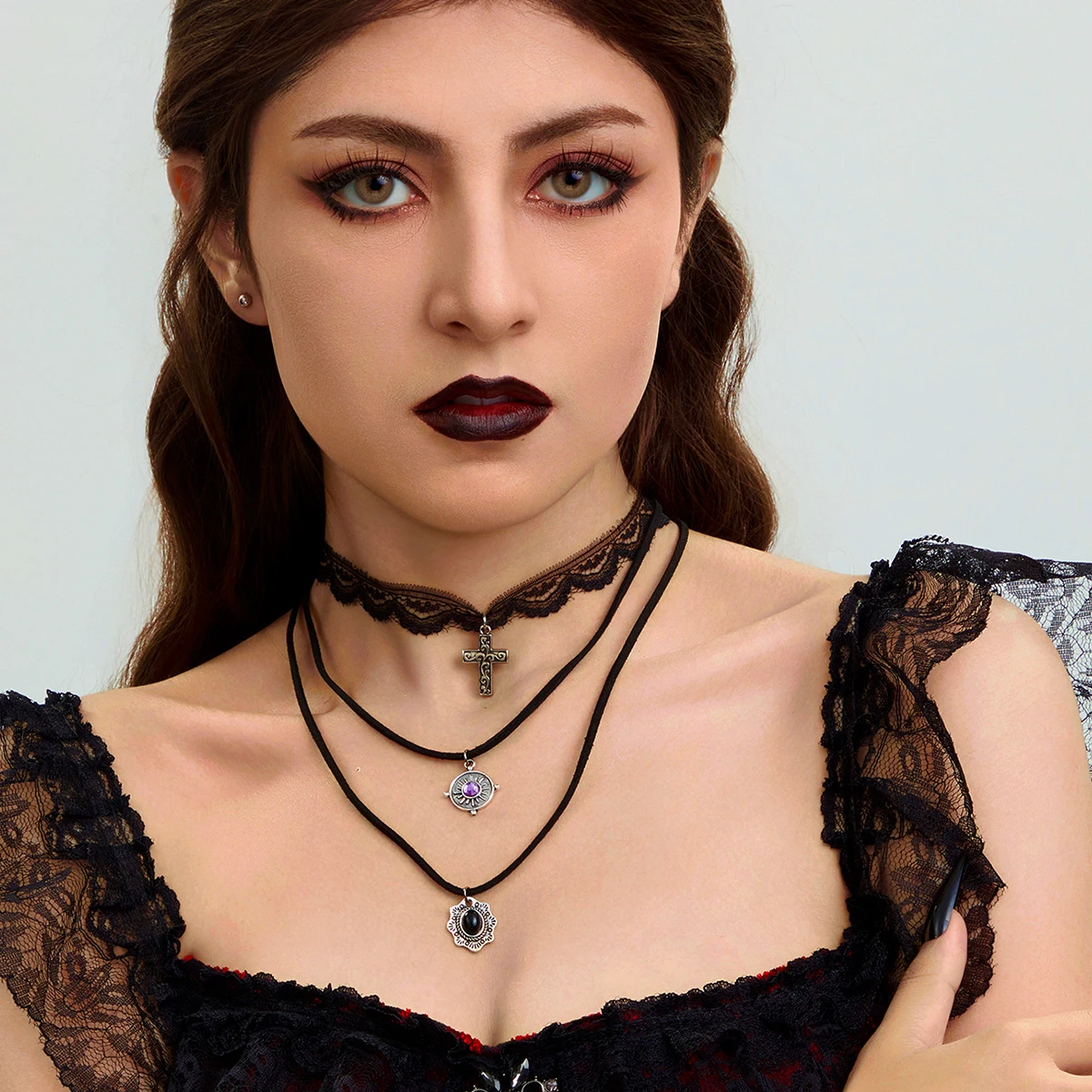 3 Pcs/set Gothic Metal Cross/coin Pendant Necklaces for Women