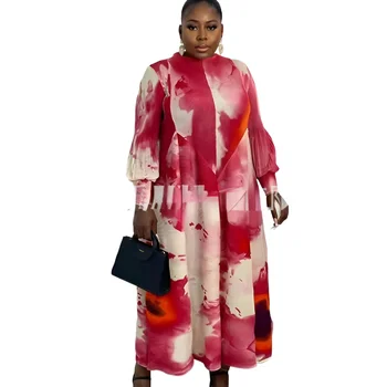 Miyaki Miyake Fold fashion print round neck long sleeve large size waist Dress women's dress cross-border