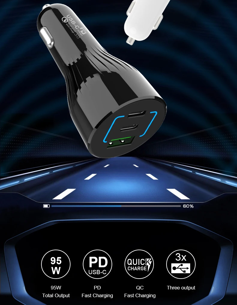 3 в 1 несколько портов 95W Выдвижной USB Автомобильное зарядное устройство типа C PD автомобильное зарядное устройство для мобильного телефона для ноутбука MacBook