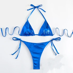 Factory Custom Spring Summer Thong Swimsuits Women Sexy Metallic Bikini Two Piece Set Triangle Halter Monokini