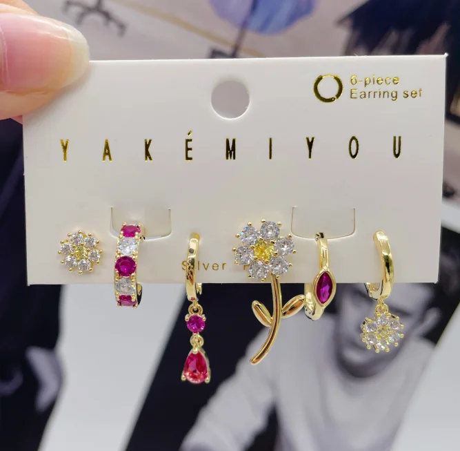 Wholesale Fashion Yakemiyou 6piece Earring Set Purple Diamond Flower