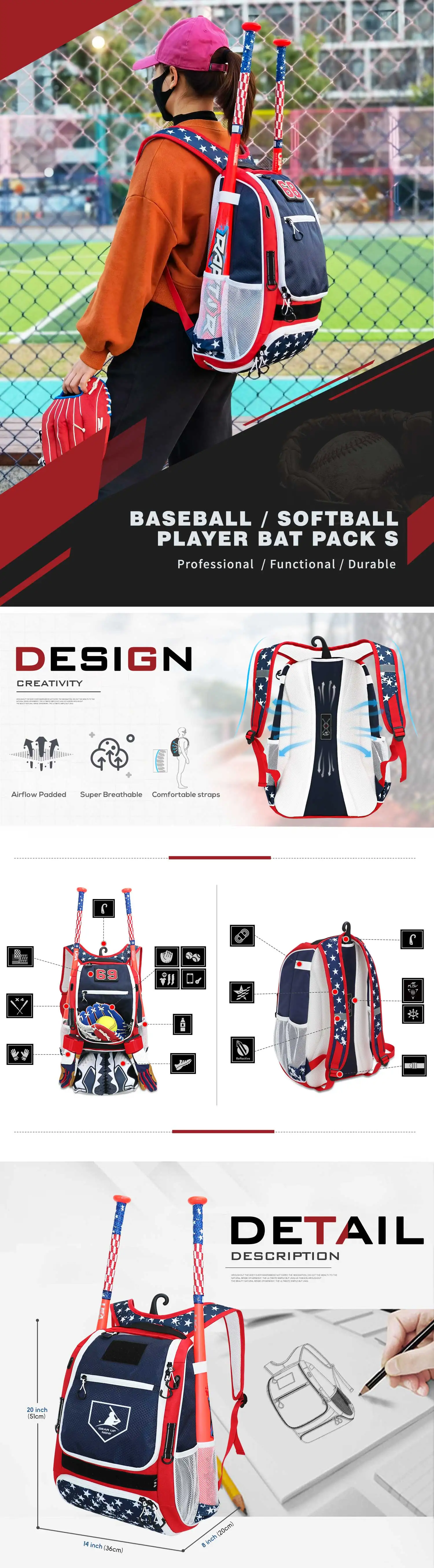 Kopbags Custom LOGO Baseball Basic Backpack Softball Base Student Bag supplier