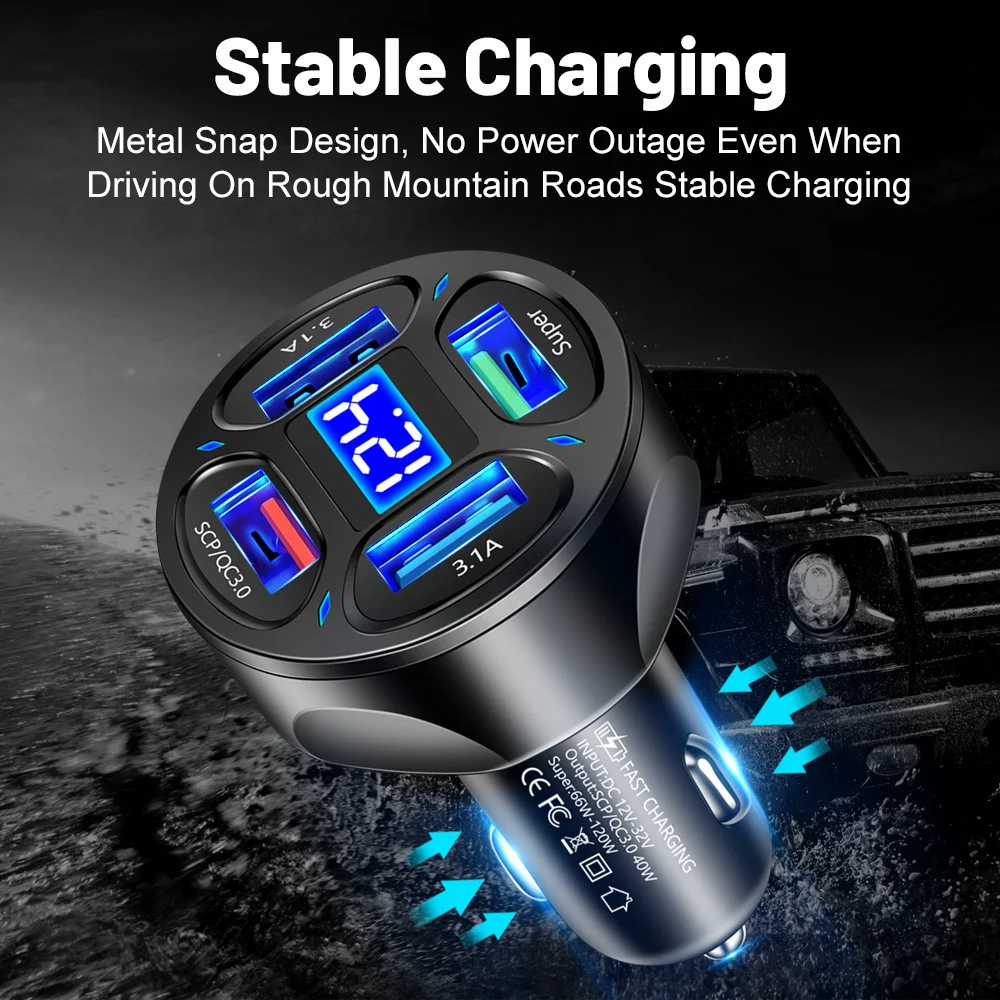 66W Digital Display Car Charger Adapter 4 USB Ports Fast Charger Quick Charge 3.0 Overcurrent OTG OLP USB Interface Car Charger