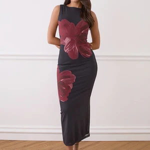 Wisrise Fashion Custom OEM & ODM Fashionable Red Flower Pattern Black Sheer Blend Bodycon Maxi Dress