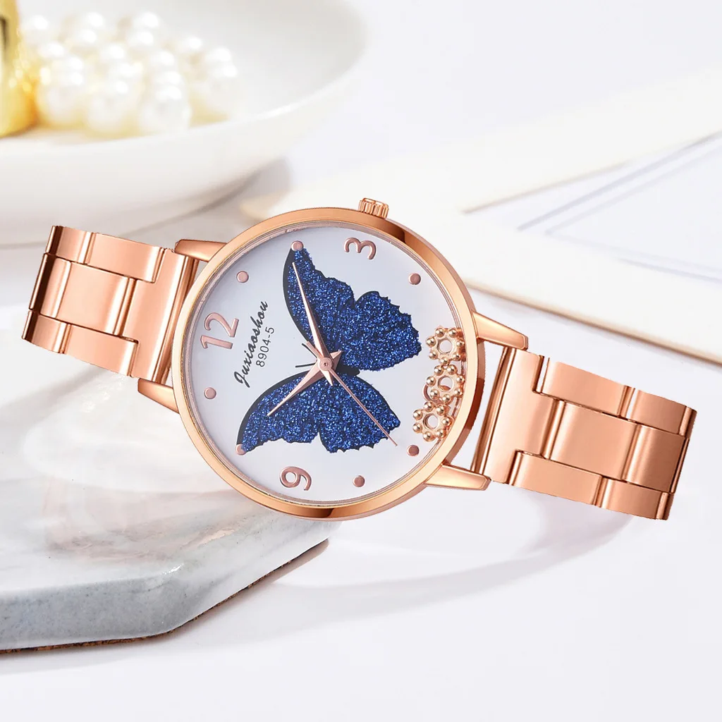 Simple Butterfly Dial Flowing Flower Steel Band Quartz Watches