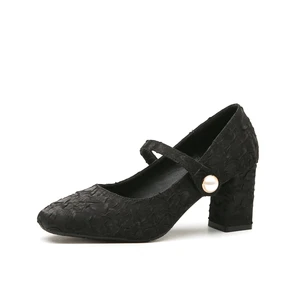 Stylish Black Silk Satin Pumps with Slip-On Strap Square Heel Comfort Summer Square Toe Height Increasing 7cm Pearl Accent