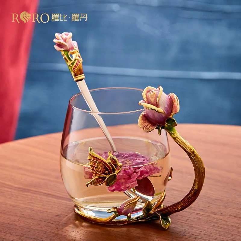 RORO Enamel Rose Flower Glass Cup Artistic Eco-friendly